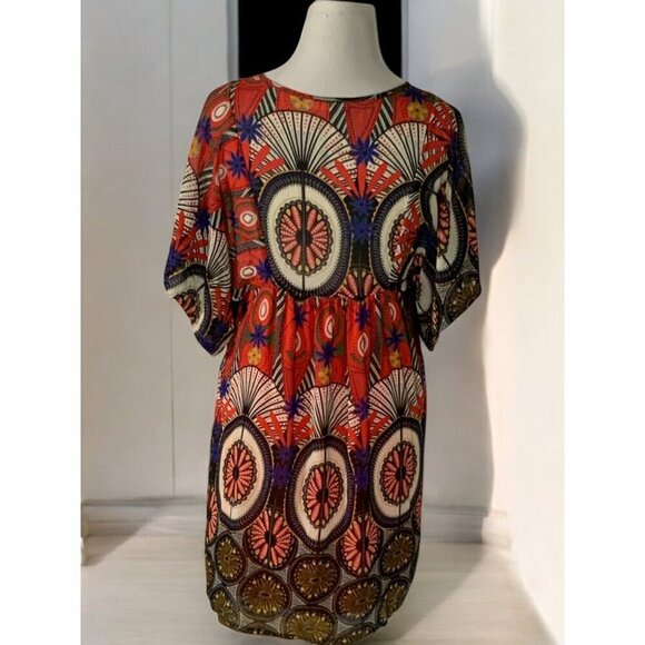 Ya Los Angeles Womens Multicolor Boho Geometric Kaftan Keyhole Mini Dress Medium - Picture 12 of 12